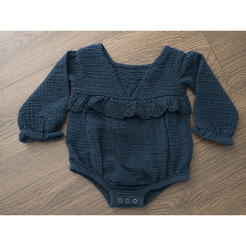 Grayson Mini Newborn Romper Navy Blue Gauze Eyelet Lace Long Sleeve Bodysuit NB